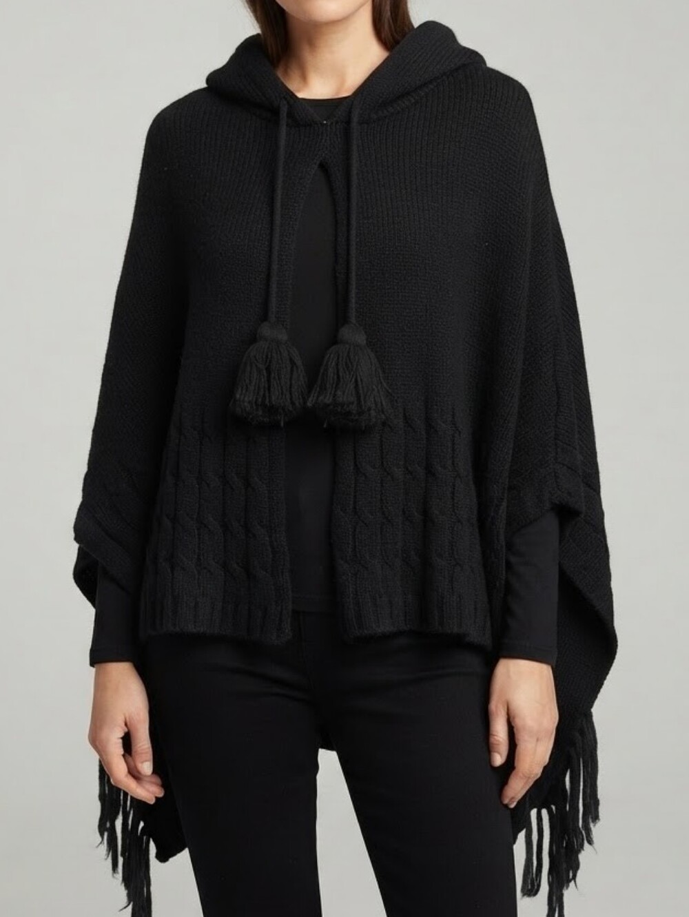 Chesley Black Knitted Hooded Poncho with Tassels and Fringe One Size